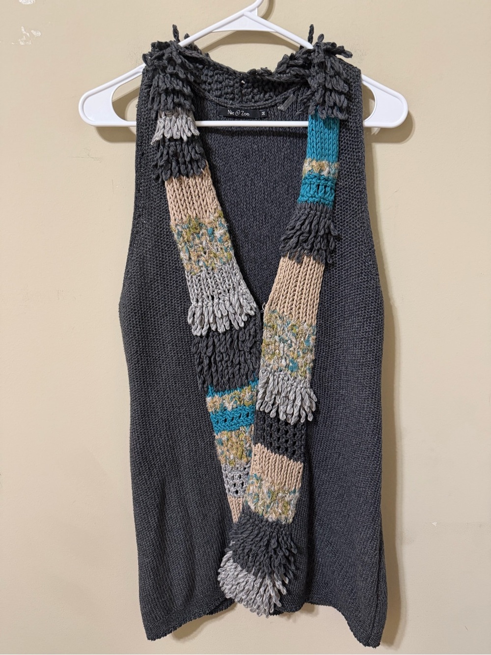 Nic and Zoe Multicolor Fringe Scarf great sweater vest charcoal gray cozy chic